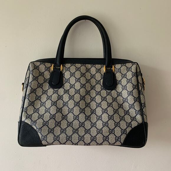 Vintage Gucci Boston Navy Blue Gray Handbag Purse Satchel Authentic - Picture 9 of 15